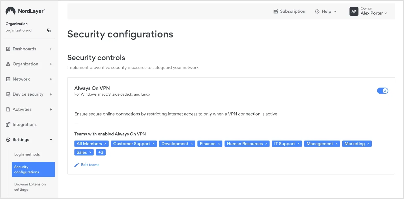 Enforcing Always On VPN in NordLayer’s Control Panel 