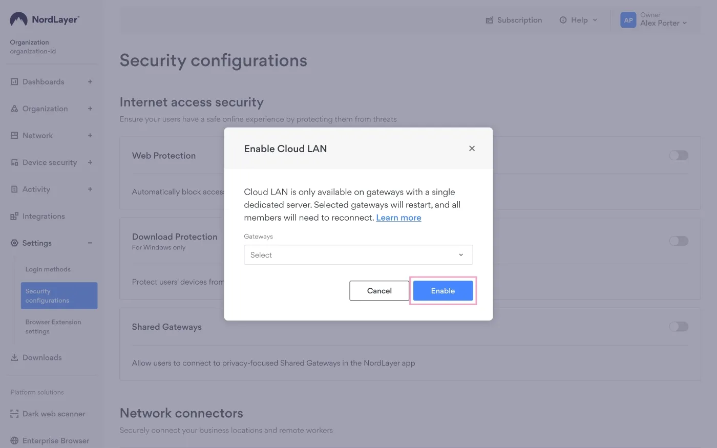 Settings - Security configurations