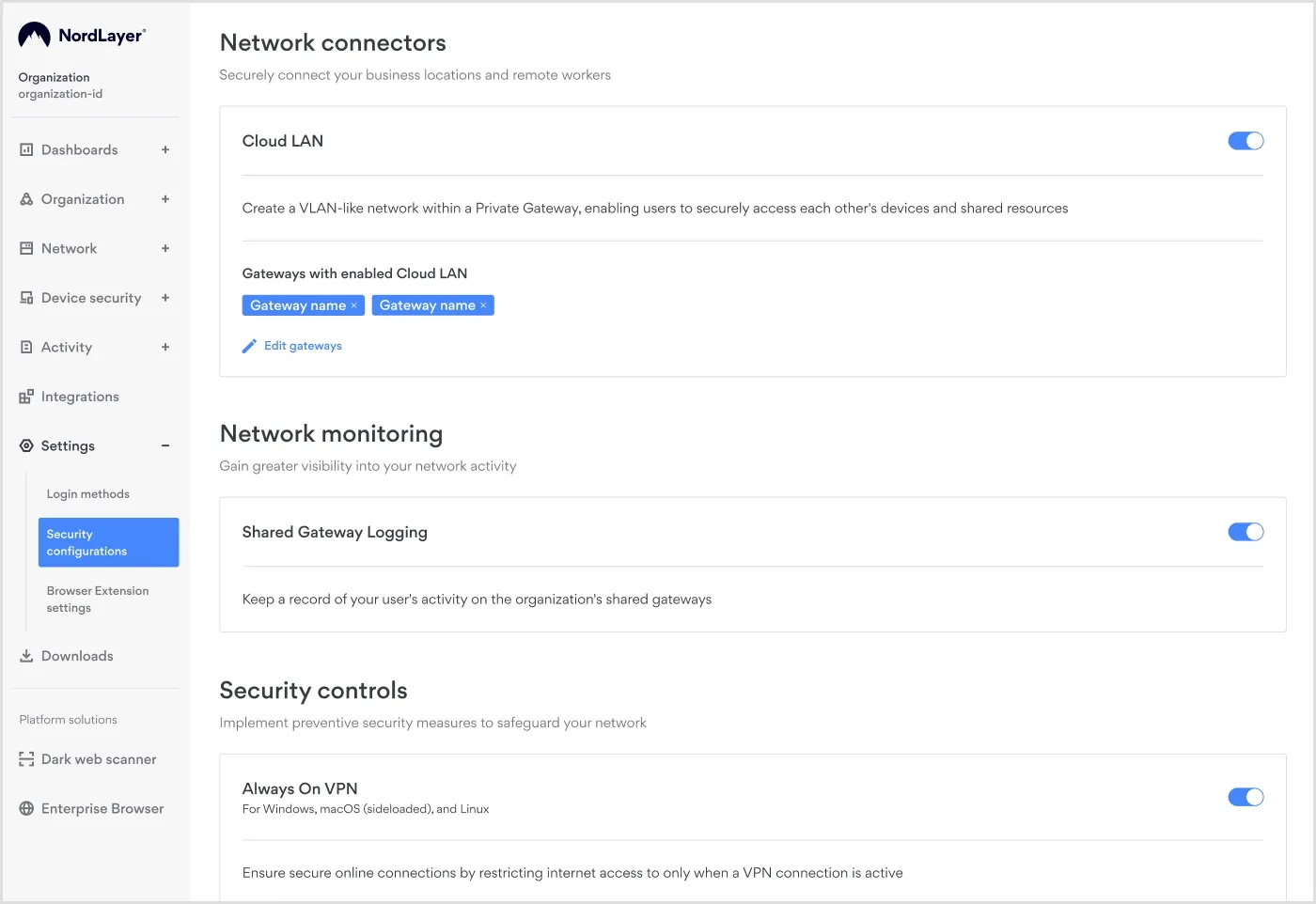 Settings - Security configurations screenshot