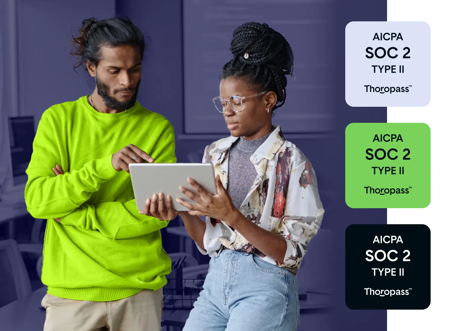 People collaborating with SOC 2 compliance certification logos displayed