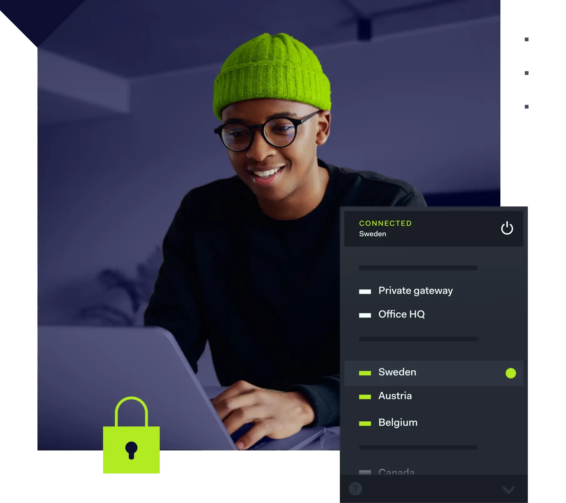 Man using laptop with NordLayer app and security lock