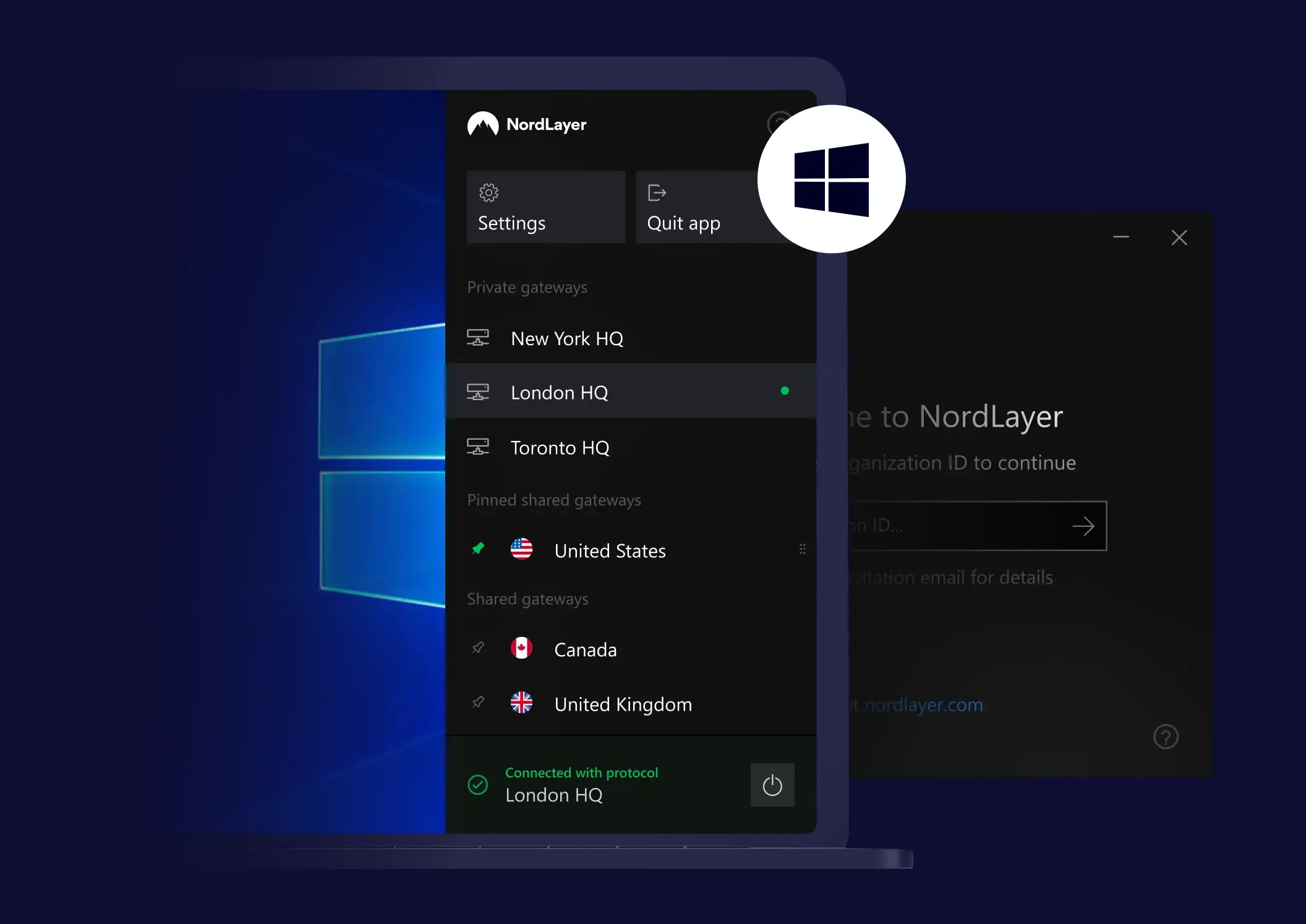 NordLayer app on Windows system