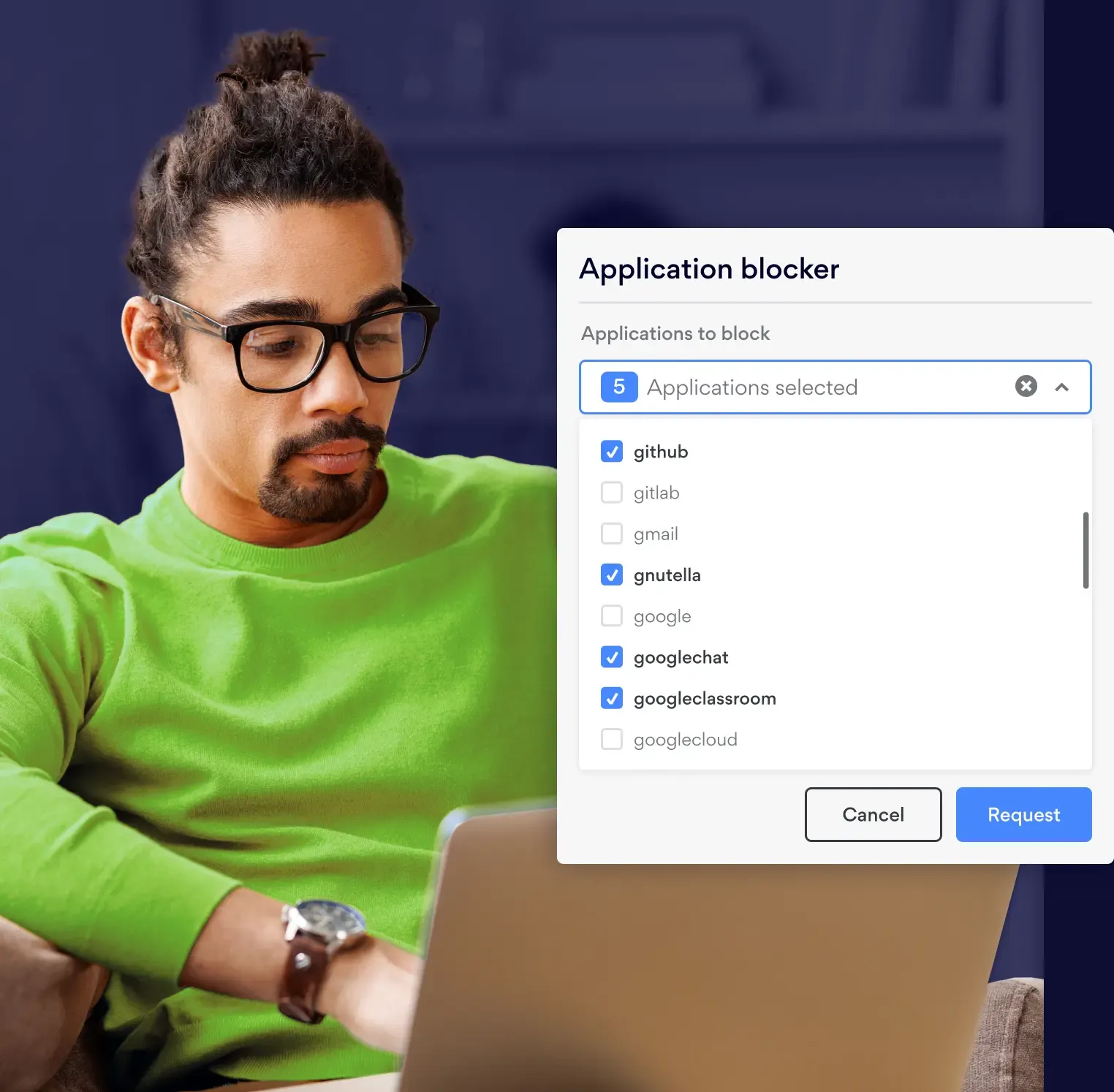 User selecting applications to block in NordLayer Application Blocker