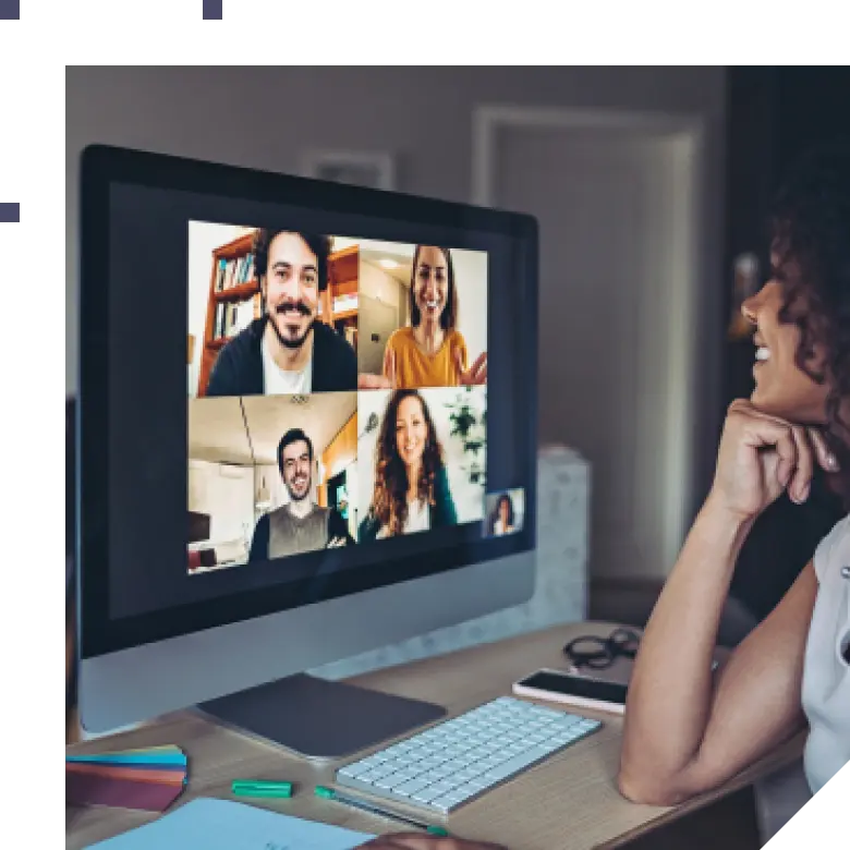 Woman talking with colleagues via secure remote access